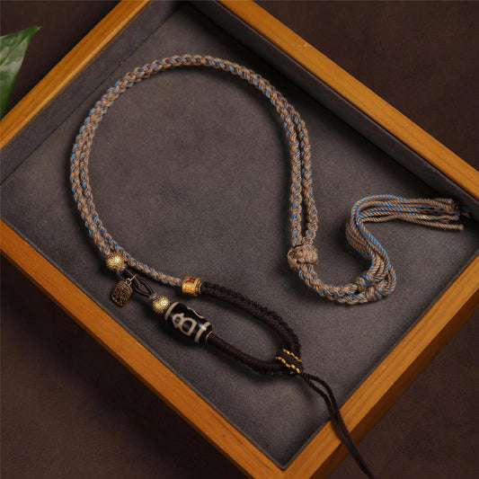 Tibetan Dzi Bead with Prayer Wheel Brown Handwoven Adjustable String Necklace - Earth+Metal Element, Protection & Blessings