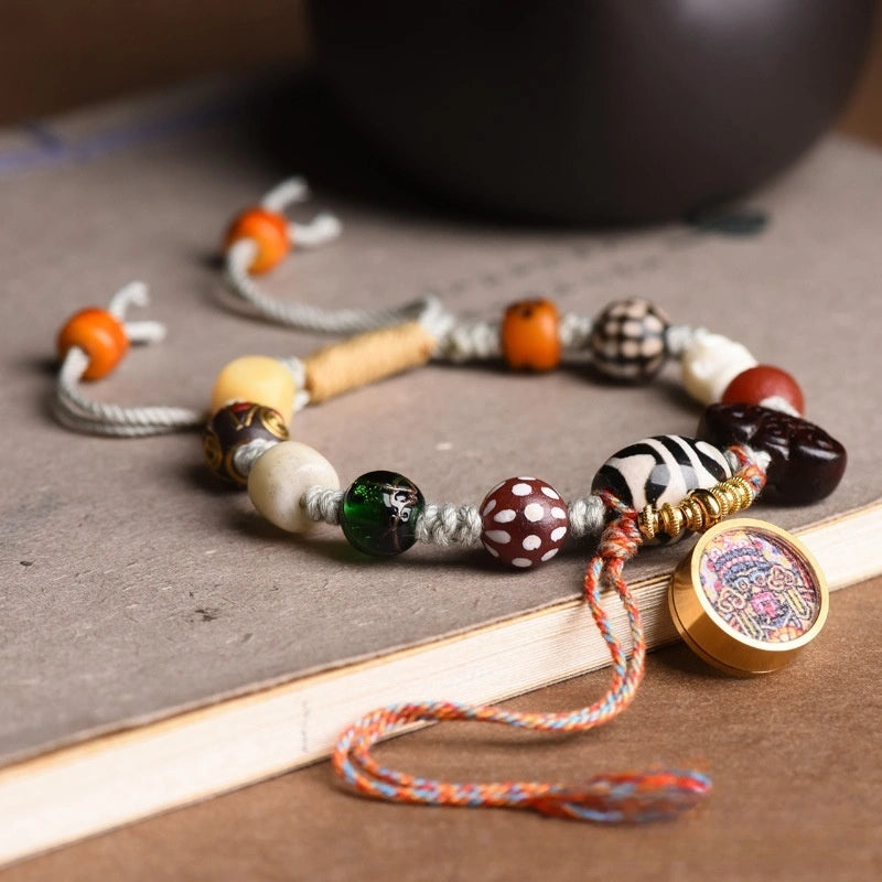 Tibetan Gau Box Dzi Bead Multi-Gem Bracelet - Amethyst, Tiger Eye, Handmade Glass, Adjustable - Earth+Metal Element, Protection & Spiritual Harmony