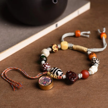 Tibetan Gau Box Dzi Bead Multi-Gem Bracelet - Amethyst, Tiger Eye, Handmade Glass, Adjustable - Earth+Metal Element, Protection & Spiritual Harmony