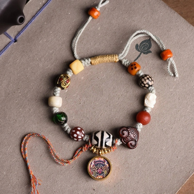 Tibetan Gau Box Dzi Bead Multi-Gem Bracelet - Amethyst, Tiger Eye, Handmade Glass, Adjustable - Earth+Metal Element, Protection & Spiritual Harmony