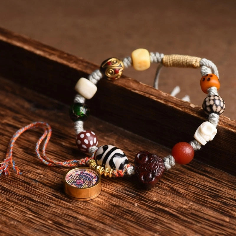 Tibetan Gau Box Dzi Bead Multi-Gem Bracelet - Amethyst, Tiger Eye, Handmade Glass, Adjustable - Earth+Metal Element, Protection & Spiritual Harmony