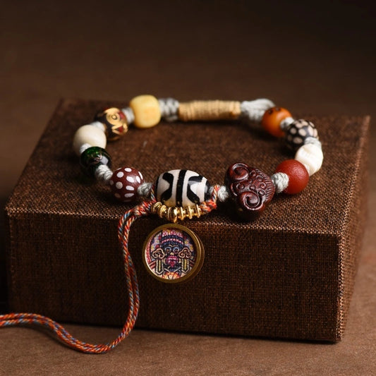 Tibetan Gau Box Dzi Bead Multi-Gem Bracelet - Amethyst, Tiger Eye, Handmade Glass, Adjustable - Earth+Metal Element, Protection & Spiritual Harmony