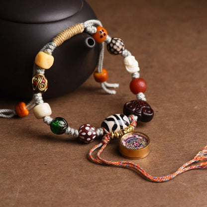 Tibetan Gau Box Dzi Bead Multi-Gem Bracelet - Amethyst, Tiger Eye, Handmade Glass, Adjustable - Earth+Metal Element, Protection & Spiritual Harmony