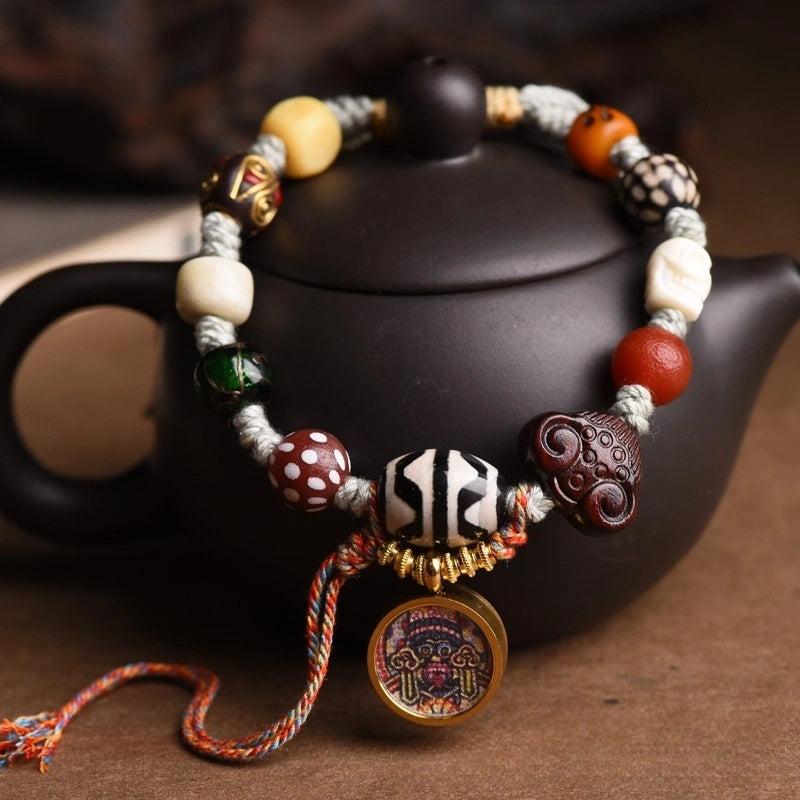 Tibetan Gau Box Dzi Bead Multi-Gem Bracelet - Amethyst, Tiger Eye, Handmade Glass, Adjustable - Earth+Metal Element, Protection & Spiritual Harmony