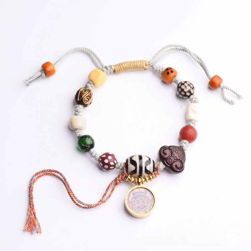 Tibetan Gau Box Dzi Bead Multi-Gem Bracelet - Amethyst, Tiger Eye, Handmade Glass, Adjustable - Earth+Metal Element, Protection & Spiritual Harmony