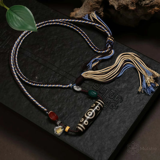 Tibetan Handmade Braided Necklace Cord with Dzi Bead and Silver Accents