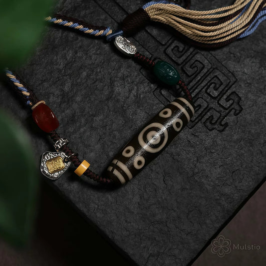 Tibetan Handmade Braided Necklace Cord with Dzi Bead and Silver Accents