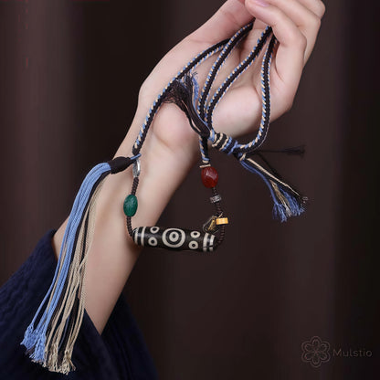 Tibetan Handmade Braided Necklace Cord with Dzi Bead and Silver Accents