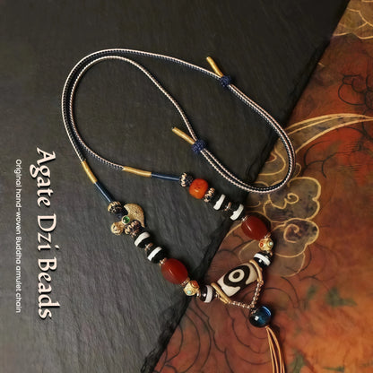Tibetan Handwoven Cord String Necklace with Three Eyes Dzi Bead, Agate & Glass Bead