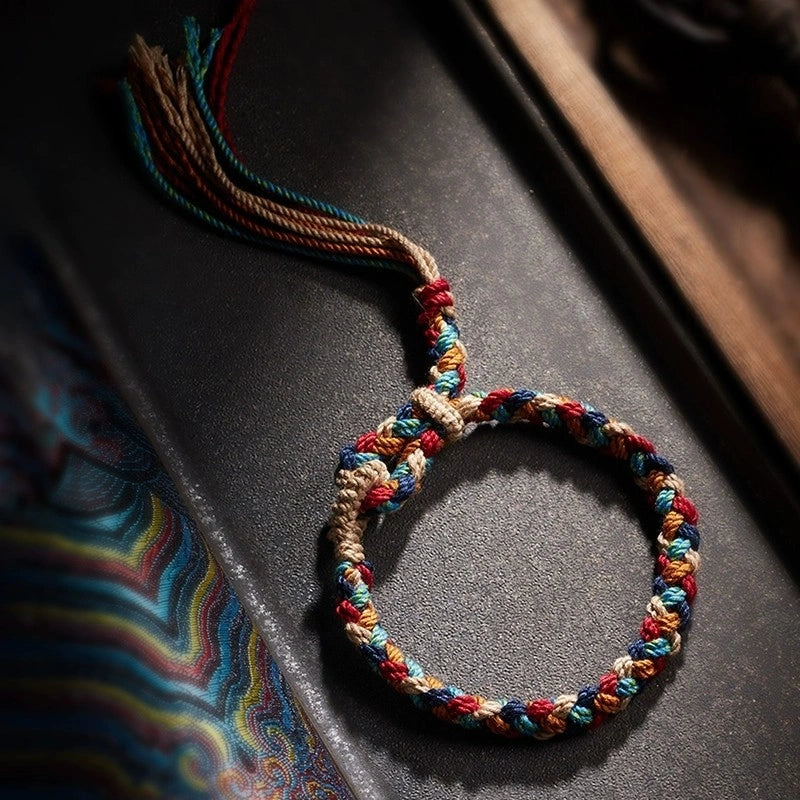 Tibetan Handwoven Year of Birth Five-Color Couple Bracelet - Hand-Spun Cotton, Tibetan Tassel & Adjustable - Flat/Snake Knots, Four-Layer Braid