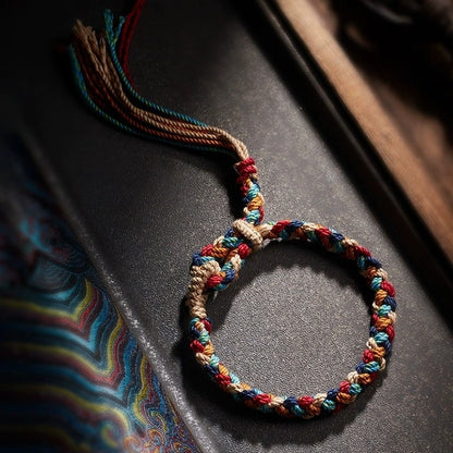 Tibetan Handwoven Year of Birth Five-Color Couple Bracelet - Hand-Spun Cotton, Tibetan Tassel & Adjustable - Flat/Snake Knots, Four-Layer Braid
