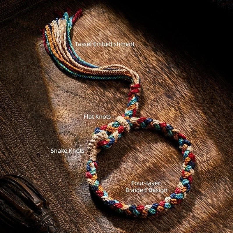 Tibetan Handwoven Year of Birth Five-Color Couple Bracelet - Hand-Spun Cotton, Tibetan Tassel & Adjustable - Flat/Snake Knots, Four-Layer Braid