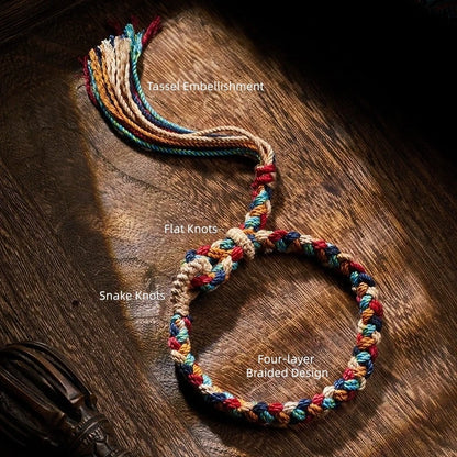 Tibetan Handwoven Year of Birth Five-Color Couple Bracelet - Hand-Spun Cotton, Tibetan Tassel & Adjustable - Flat/Snake Knots, Four-Layer Braid