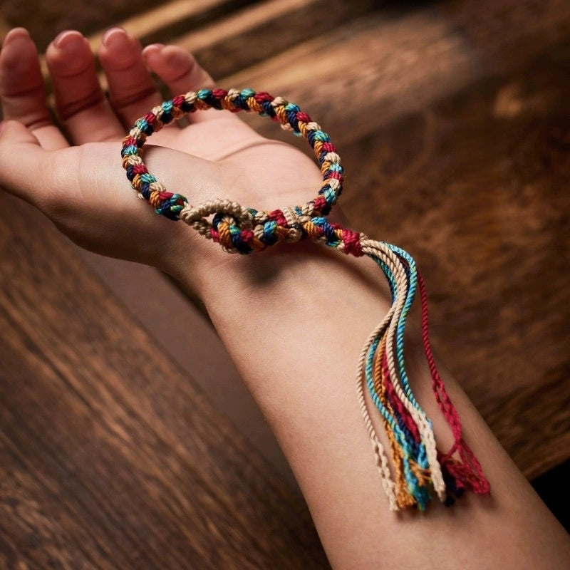 Tibetan Handwoven Year of Birth Five-Color Couple Bracelet - Hand-Spun Cotton, Tibetan Tassel & Adjustable - Flat/Snake Knots, Four-Layer Braid