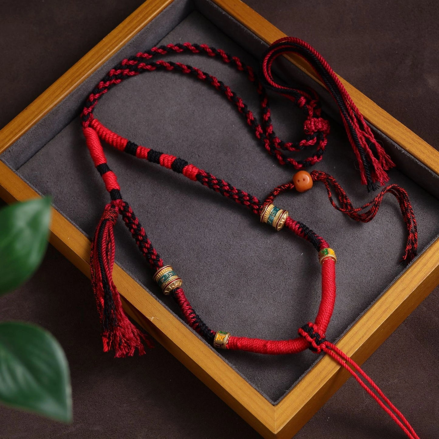 Tibetan Prayer Wheel with Ox Bone Adjustable Handwoven String Necklace - Red & Black String, Earth+Metal Element, Protection & Blessings