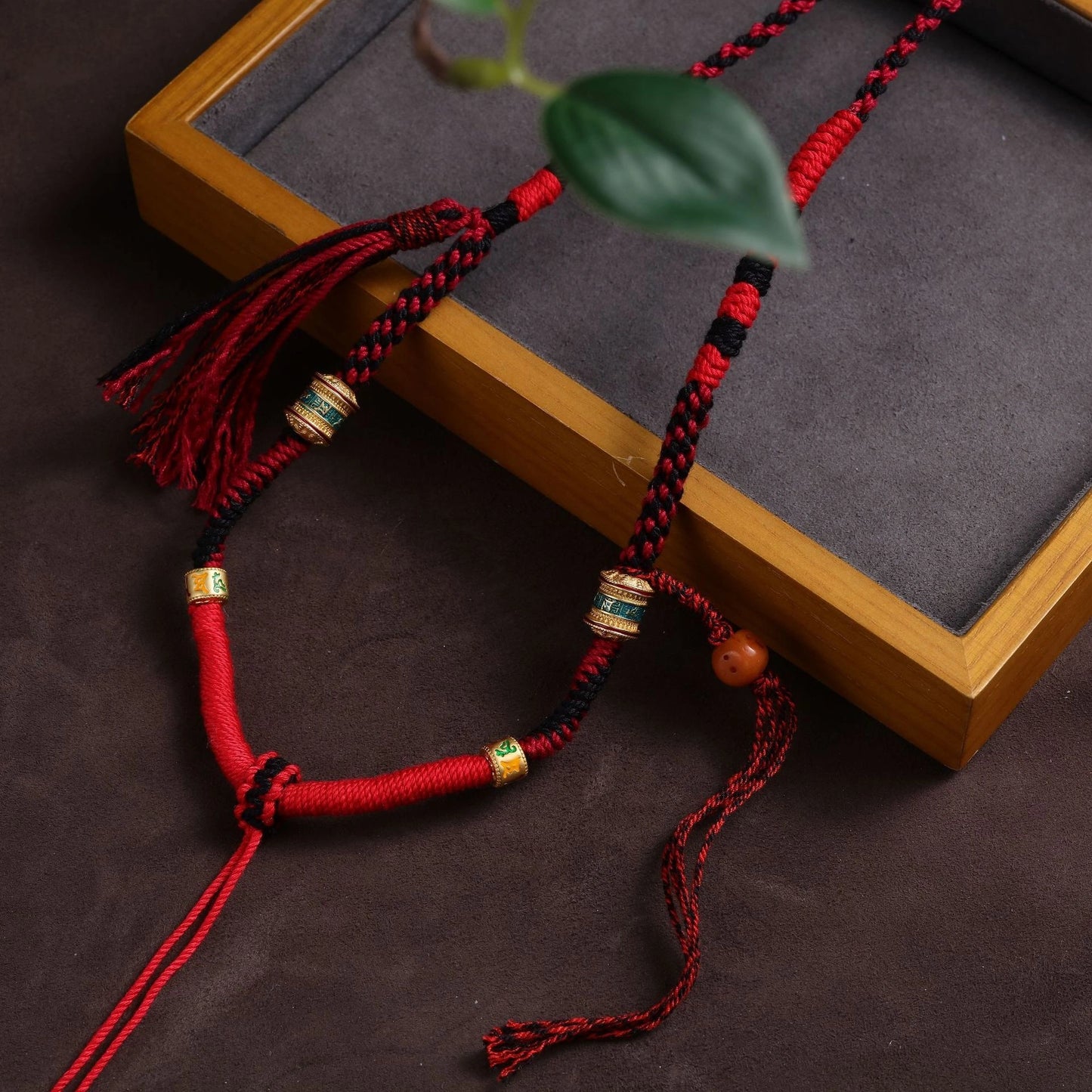 Tibetan Prayer Wheel with Ox Bone Adjustable Handwoven String Necklace - Red & Black String, Earth+Metal Element, Protection & Blessings