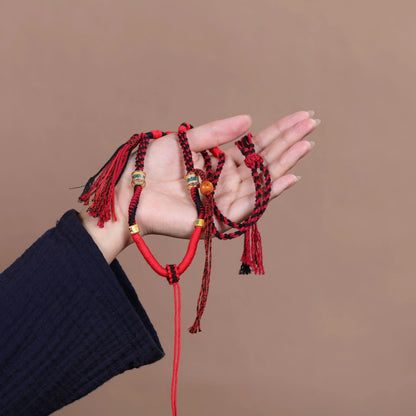 Tibetan Prayer Wheel with Ox Bone Adjustable Handwoven String Necklace - Red & Black String, Earth+Metal Element, Protection & Blessings
