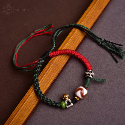 Tibetan Style Handmade Braided Red String Bracelet with Dzi Beads & Lotus