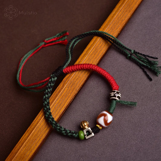 Tibetan Style Handmade Braided Red String Bracelet with Dzi Beads & Lotus