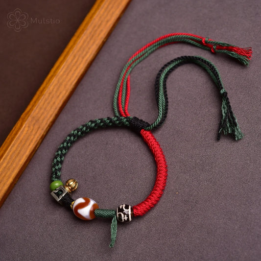 Tibetan Style Handmade Braided Red String Bracelet with Dzi Beads & Lotus