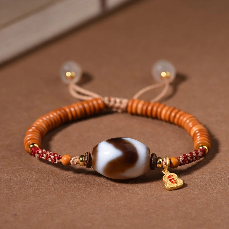 Tibetan Style Tiger Tooth Dzi Bead Bracelet - Olive Pit, Agate, Handwoven Cotton String - Earth+Metal Element, Protection & Courage