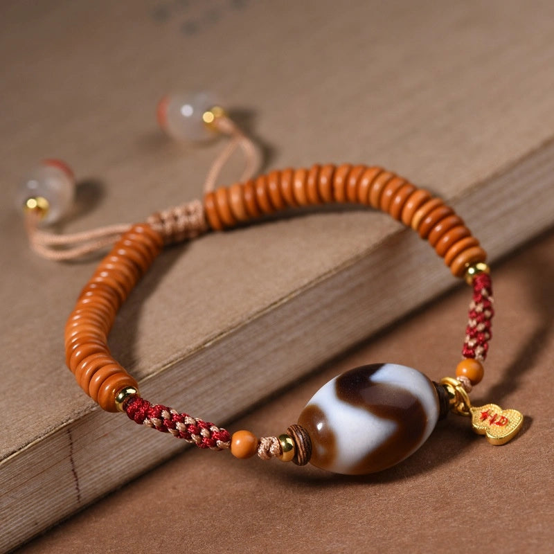 Tibetan Style Tiger Tooth Dzi Bead Bracelet - Olive Pit, Agate, Handwoven Cotton String - Earth+Metal Element, Protection & Courage