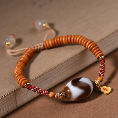 Tibetan Style Tiger Tooth Dzi Bead Bracelet - Olive Pit, Agate, Handwoven Cotton String - Earth+Metal Element, Protection & Courage