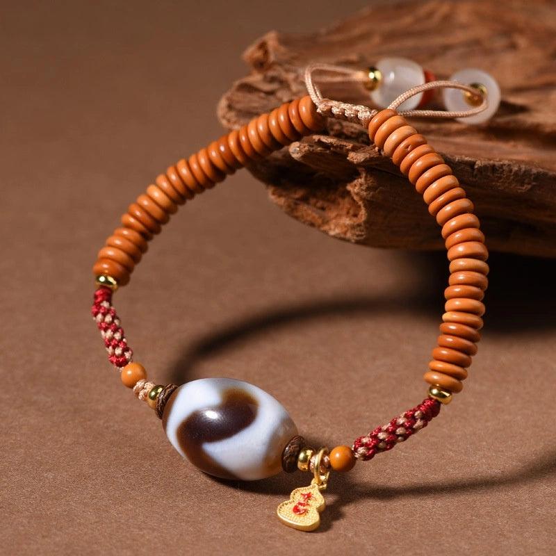 Tibetan Style Tiger Tooth Dzi Bead Bracelet - Olive Pit, Agate, Handwoven Cotton String - Earth+Metal Element, Protection & Courage