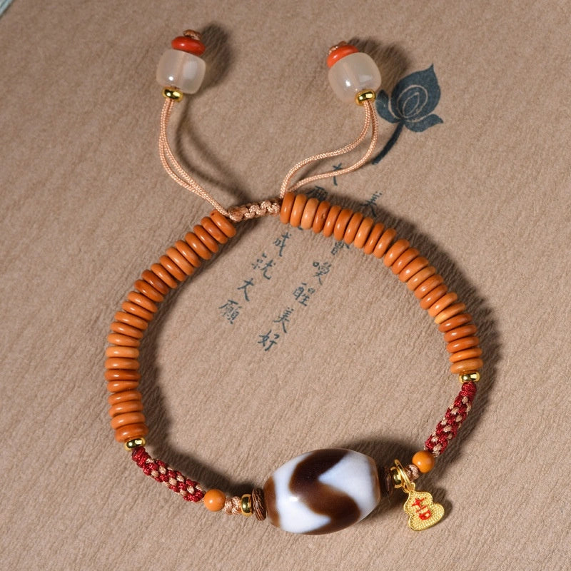 Tibetan Style Tiger Tooth Dzi Bead Bracelet - Olive Pit, Agate, Handwoven Cotton String - Earth+Metal Element, Protection & Courage