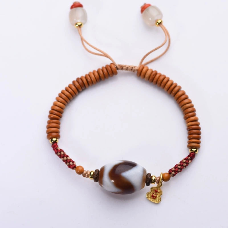 Tibetan Style Tiger Tooth Dzi Bead Bracelet - Olive Pit, Agate, Handwoven Cotton String - Earth+Metal Element, Protection & Courage