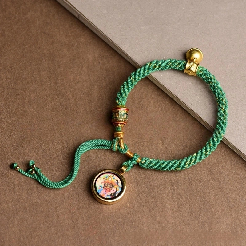 Tibetan Tangka Gau Box God of Wealth Handwoven Green Lucky Bracelet - Wood+Metal Element, Prosperity & Growth