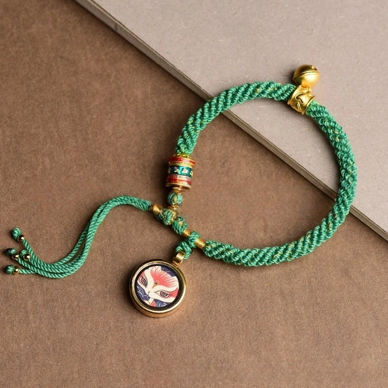 Tibetan Tangka Gau Box God of Wealth Handwoven Green Lucky Bracelet - Wood+Metal Element, Prosperity & Growth