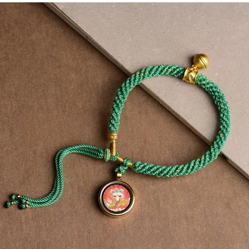 Tibetan Tangka Gau Box God of Wealth Handwoven Green Lucky Bracelet - Wood+Metal Element, Prosperity & Growth
