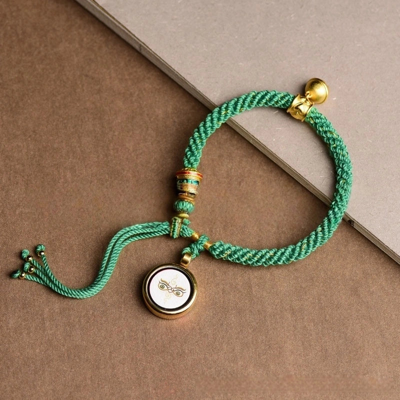 Tibetan Tangka Gau Box God of Wealth Handwoven Green Lucky Bracelet - Wood+Metal Element, Prosperity & Growth