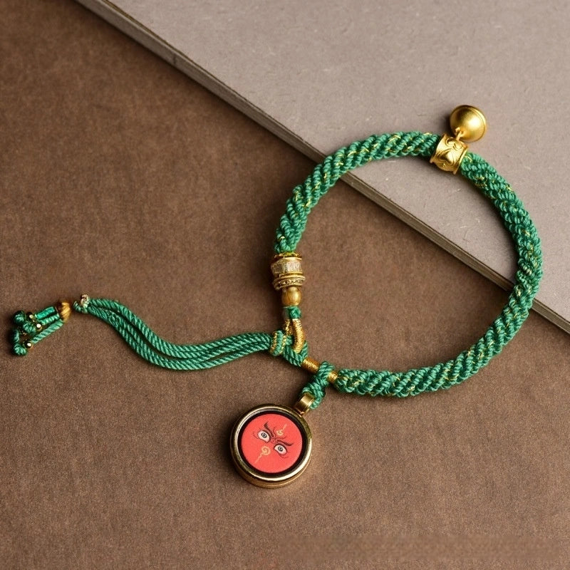 Tibetan Tangka Gau Box God of Wealth Handwoven Green Lucky Bracelet - Wood+Metal Element, Prosperity & Growth