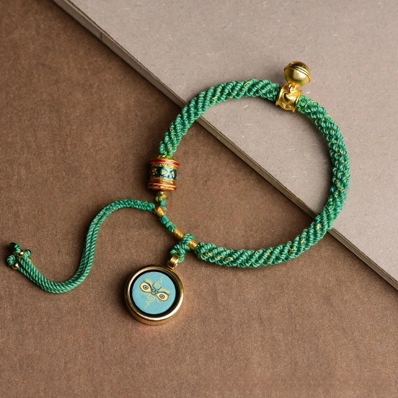 Tibetan Tangka Gau Box God of Wealth Handwoven Green Lucky Bracelet - Wood+Metal Element, Prosperity & Growth