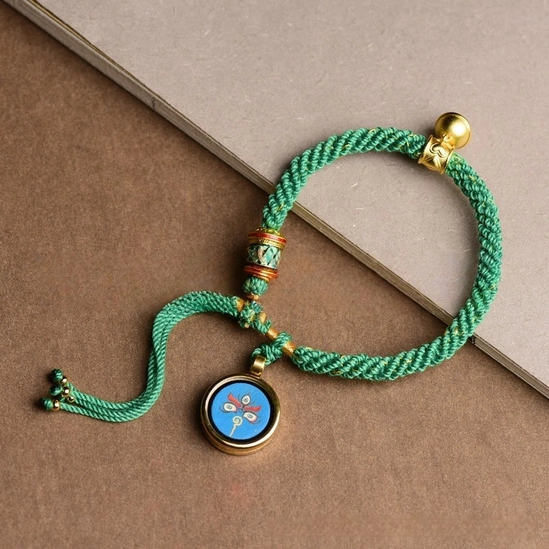 Tibetan Tangka Gau Box God of Wealth Handwoven Green Lucky Bracelet - Wood+Metal Element, Prosperity & Growth