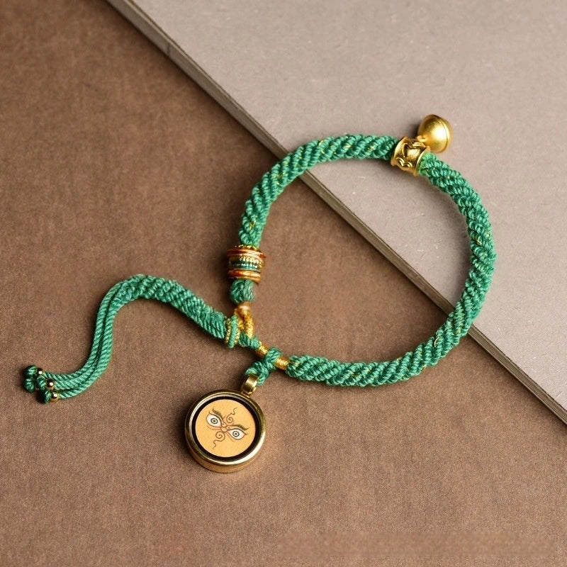 Tibetan Tangka Gau Box God of Wealth Handwoven Green Lucky Bracelet - Wood+Metal Element, Prosperity & Growth