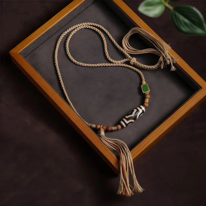 Tibetan Dzi Bead Pendant String Necklace with Sandalwood & Tassel