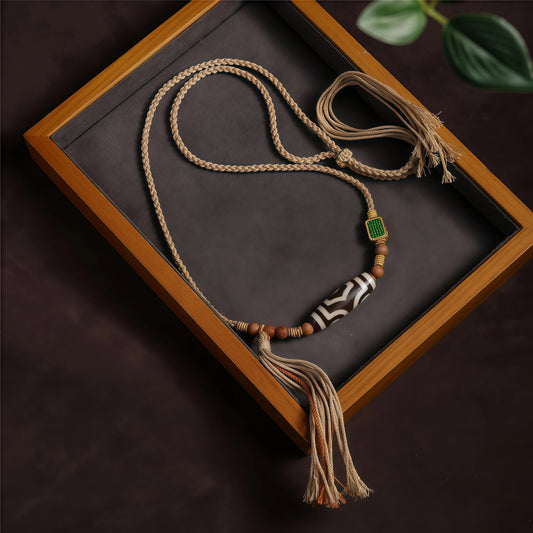 Tibetan Dzi Bead Pendant String Necklace with Sandalwood & Tassel