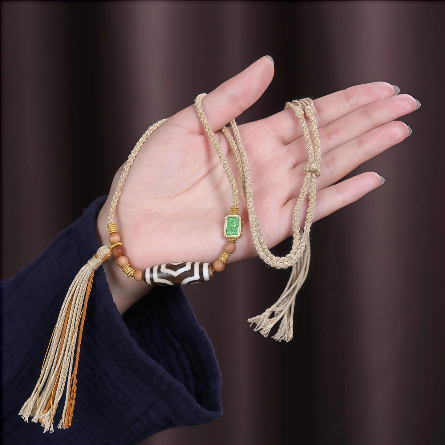 Tibetan Dzi Bead Pendant String Necklace with Sandalwood & Tassel