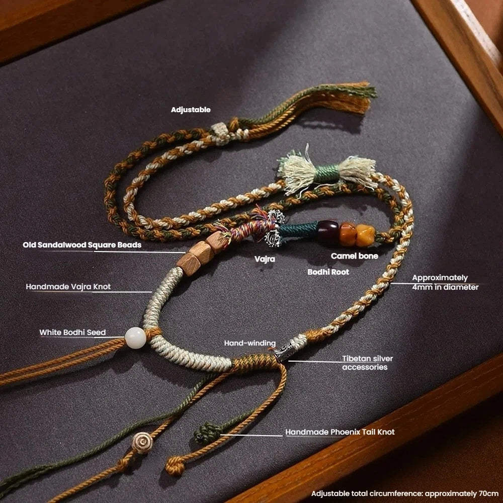 Traditional Tibetan Buddhist Camel Bone Handwoven Adjustable Tassel Necklace - Sandalwood, Bodhi & Vajra Bell - Earth+Wood Element, Protection & Calm