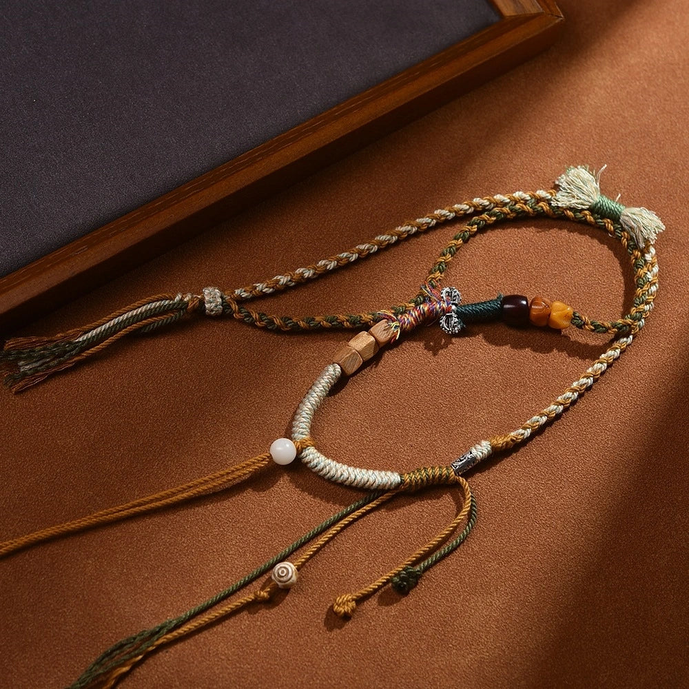 Traditional Tibetan Buddhist Camel Bone Handwoven Adjustable Tassel Necklace - Sandalwood, Bodhi & Vajra Bell - Earth+Wood Element, Protection & Calm