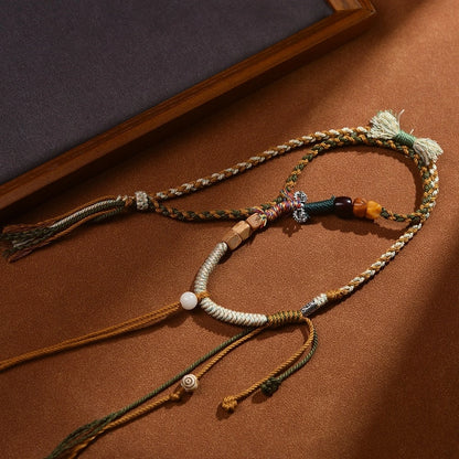 Traditional Tibetan Buddhist Camel Bone Handwoven Adjustable Tassel Necklace - Sandalwood, Bodhi & Vajra Bell - Earth+Wood Element, Protection & Calm
