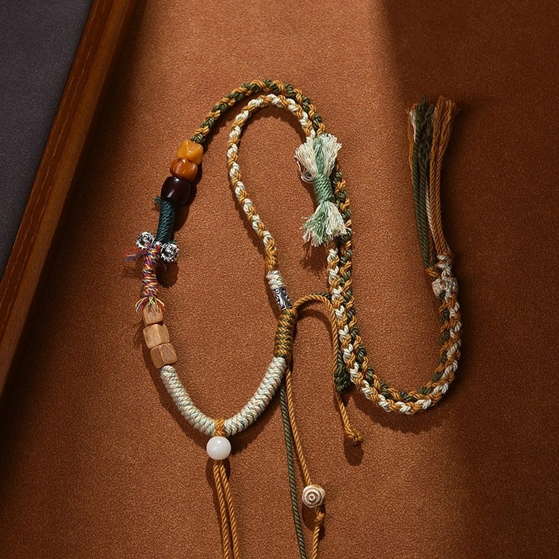 Traditional Tibetan Buddhist Camel Bone Handwoven Adjustable Tassel Necklace - Sandalwood, Bodhi & Vajra Bell - Earth+Wood Element, Protection & Calm