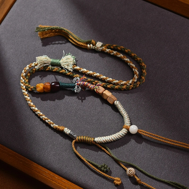Traditional Tibetan Buddhist Camel Bone Handwoven Adjustable Tassel Necklace - Sandalwood, Bodhi & Vajra Bell - Earth+Wood Element, Protection & Calm