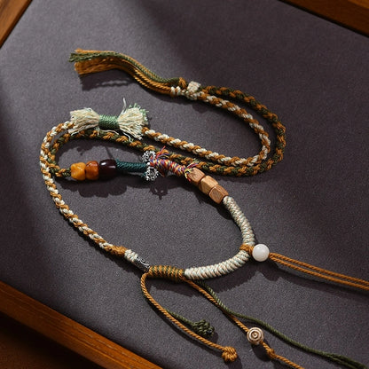 Traditional Tibetan Buddhist Camel Bone Handwoven Adjustable Tassel Necklace - Sandalwood, Bodhi & Vajra Bell - Earth+Wood Element, Protection & Calm