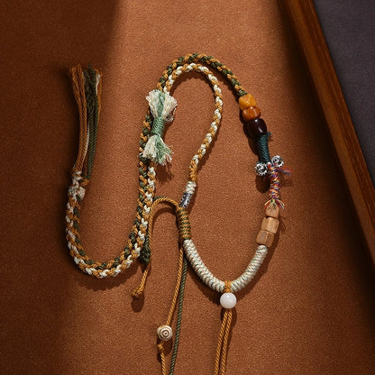 Traditional Tibetan Buddhist Camel Bone Handwoven Adjustable Tassel Necklace - Sandalwood, Bodhi & Vajra Bell - Earth+Wood Element, Protection & Calm