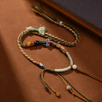 Traditional Tibetan Buddhist Camel Bone Handwoven Adjustable Tassel Necklace - Sandalwood, Bodhi & Vajra Bell - Earth+Wood Element, Protection & Calm