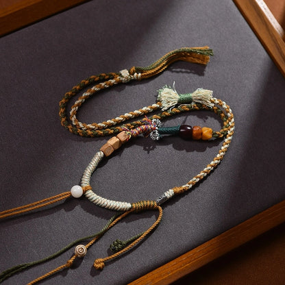 Traditional Tibetan Buddhist Camel Bone Handwoven Adjustable Tassel Necklace - Sandalwood, Bodhi & Vajra Bell - Earth+Wood Element, Protection & Calm
